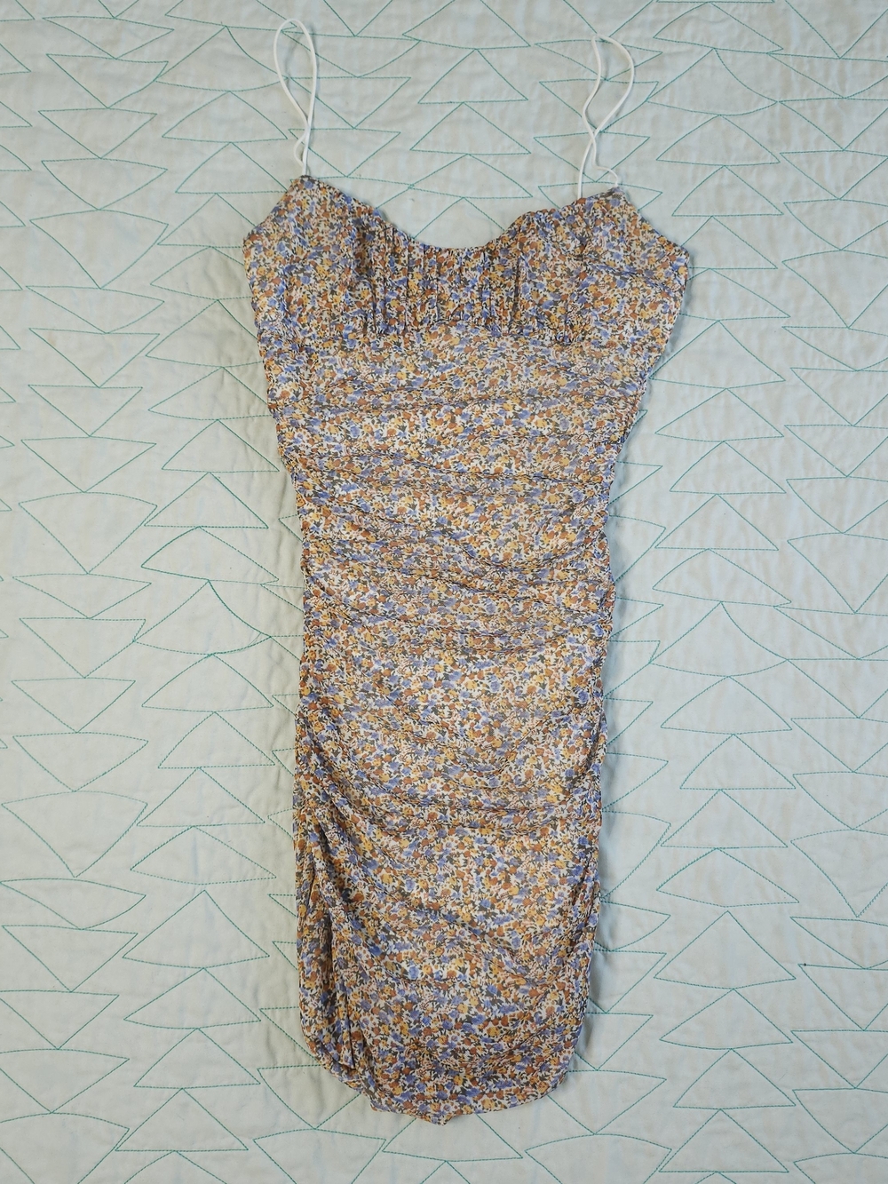 Garage Yellow Blue Ditsy Floral Rachel Ruched Sleeveless Mesh Mini Dress